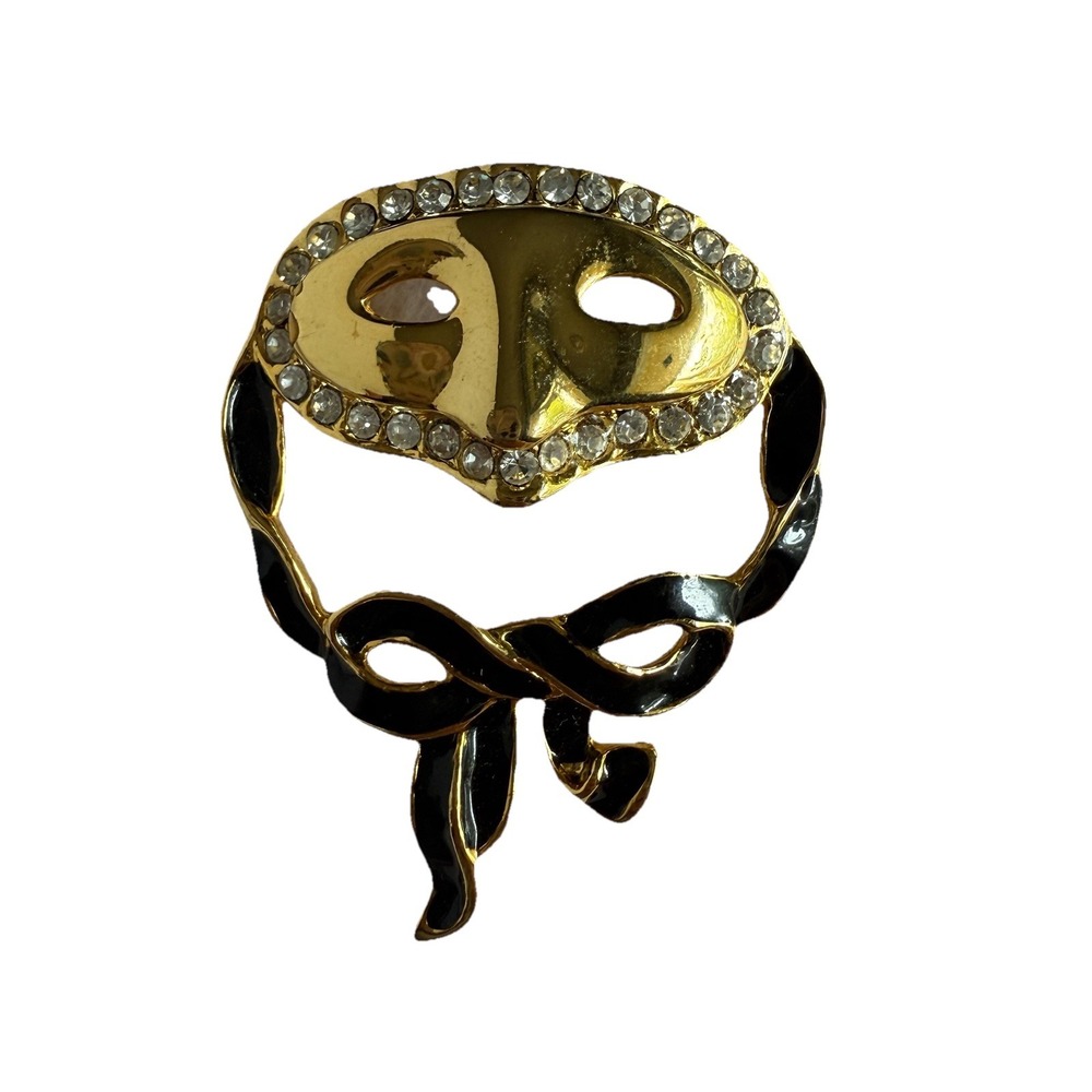 Vtg Masquerade Mask Brooch Pin Gold Tone Rhinestone Black Enamel Ribbon Venice‎
